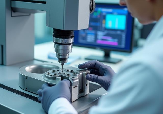 완성된 금속 부품의 치수를 정밀 측정하는 모습