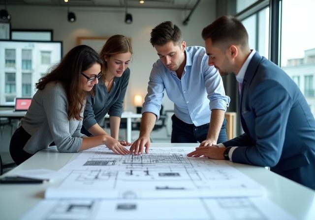 설계 도면을 검토하는 강철맛 엔지니어 팀